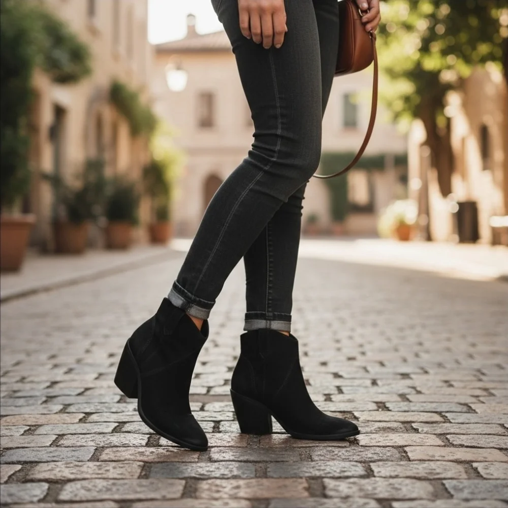 Lucky Brand Microsuede LEATHER Modern Western Boots Booties SZ 10 M BLACK